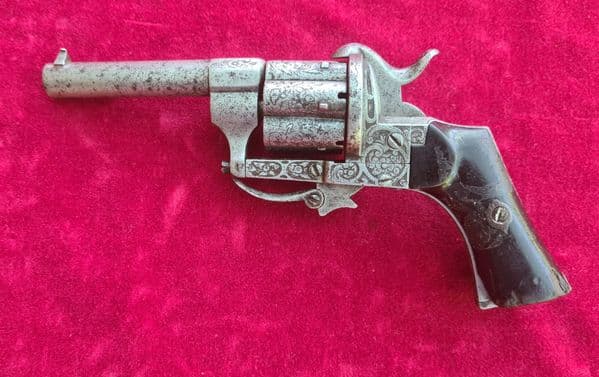A decorative French 7mm 6 shot pin-fire revolver with folding trigger. Circa 1865. Ref 3403